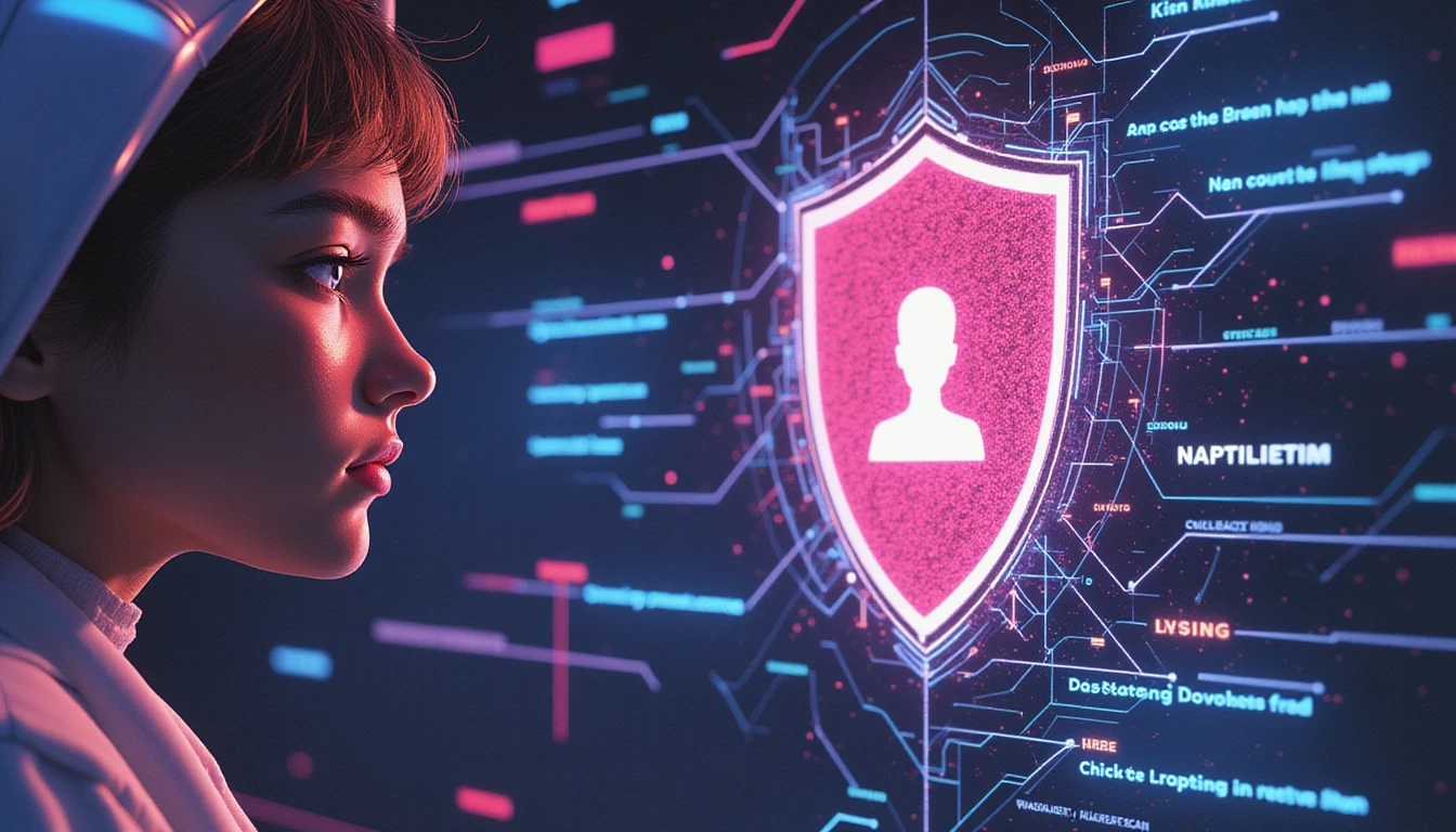 Futuristic neon-glow illustration of AI-driven security in online dating, featuring a digital shield scanning a user profile for fraud detection.