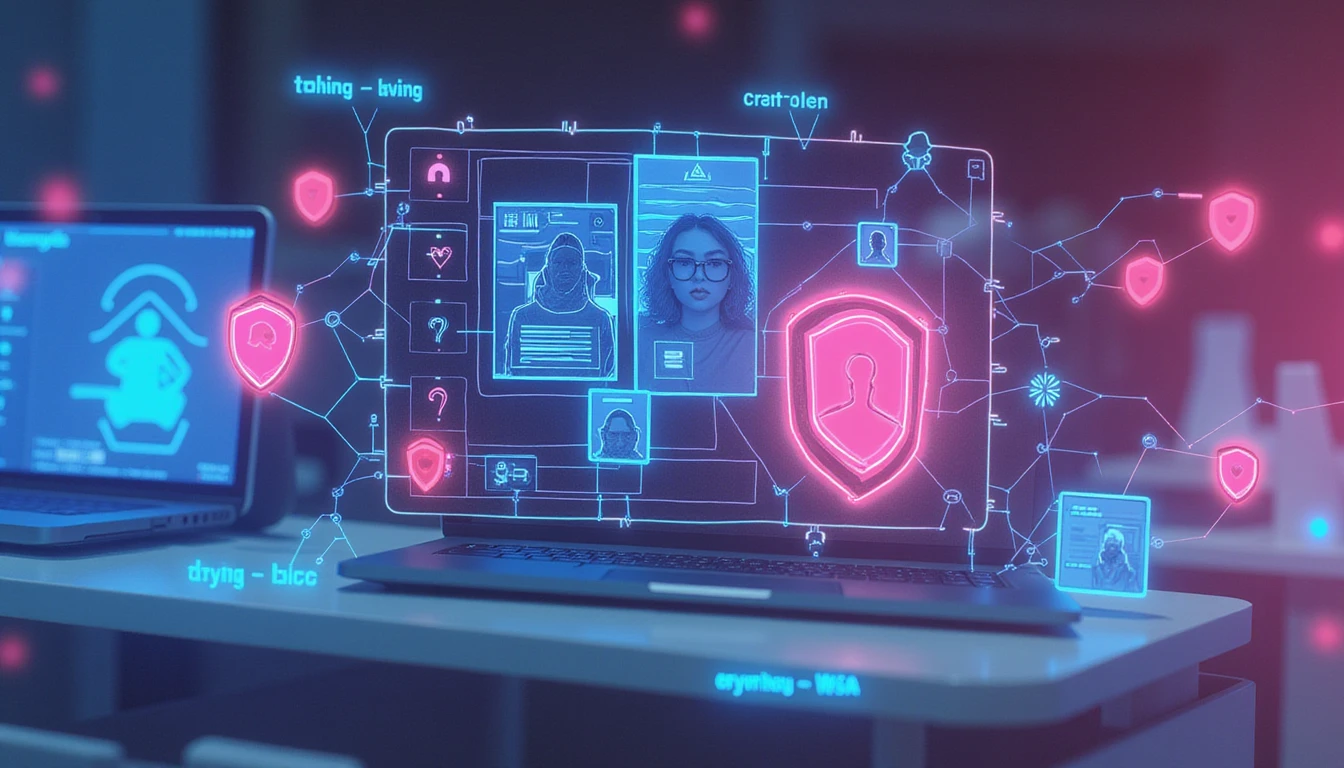 Futuristic digital identity verification in online dating, featuring glowing verification shields, AI-authenticated profiles, and secure connections.