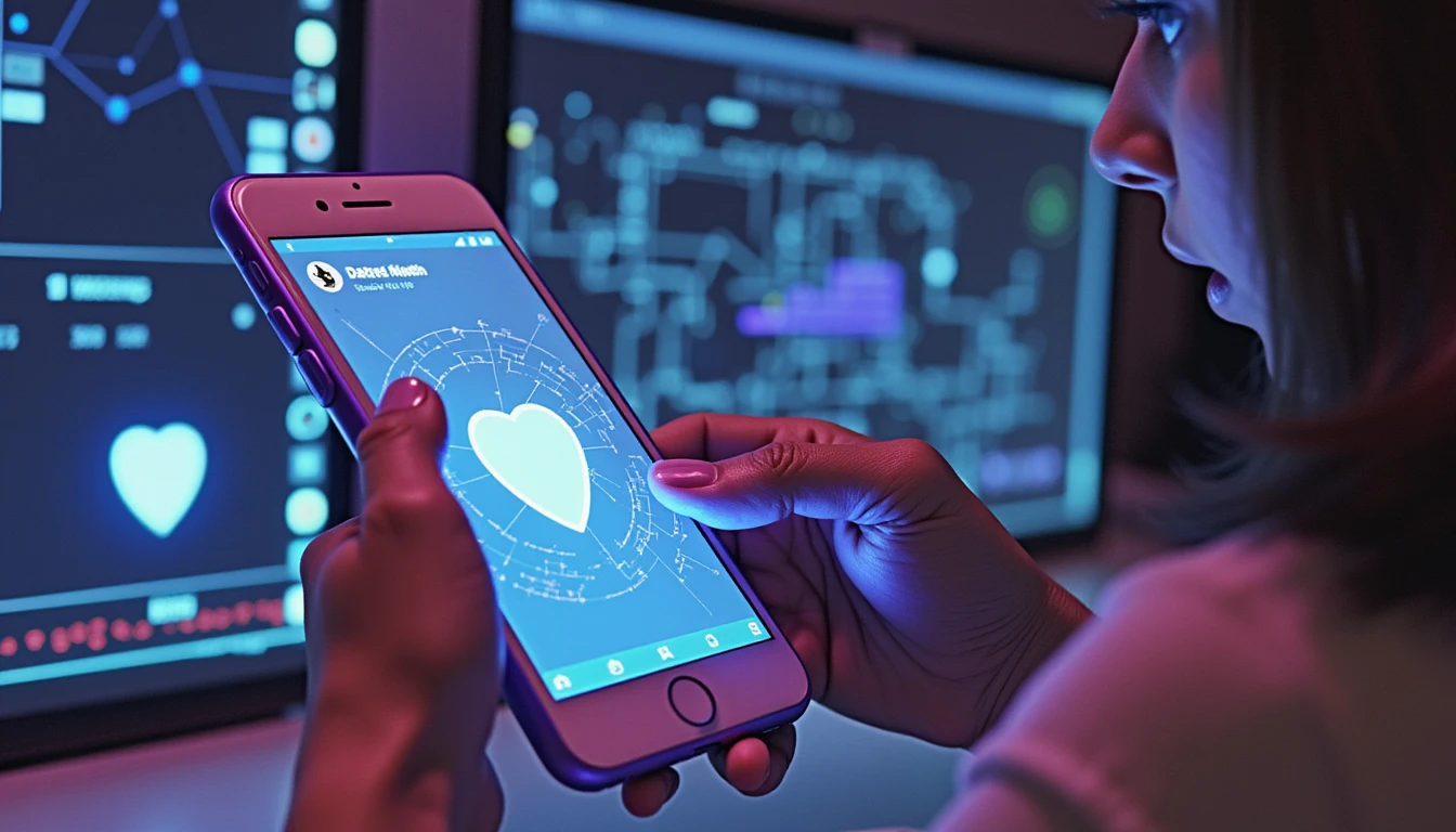 Person, die eine moderne Dating-App auf einem Smartphone verwendet, beleuchtet von Neonlicht, mit digitalen Sicherheitssymbolen und einem Netzwerkdiagramm im Hintergrund.