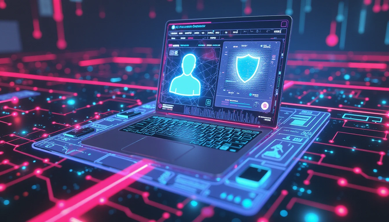 Futuristic online dating interface with AI-driven fraud detection, holographic scanning, neon security shield, and interconnected data streams.