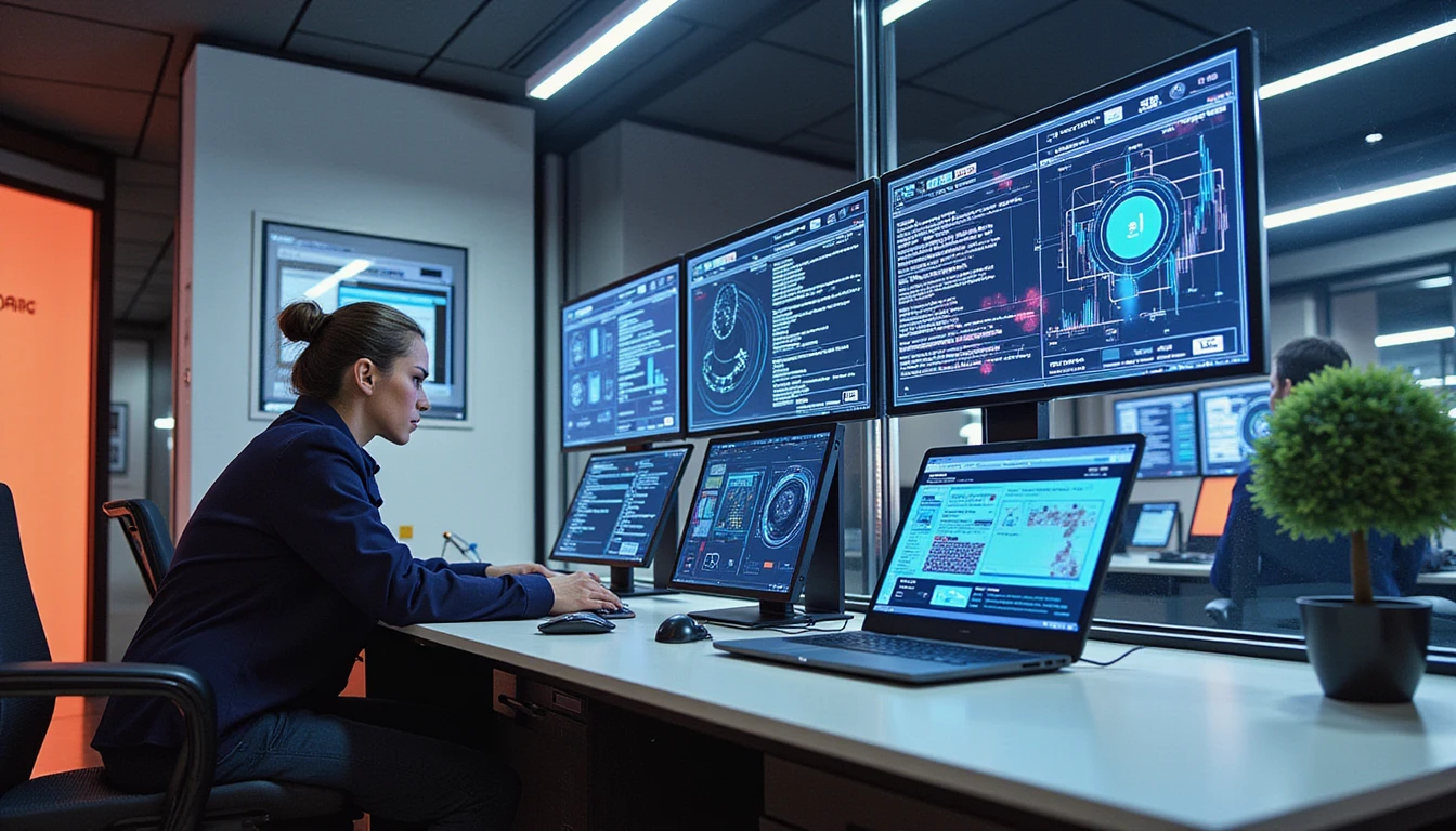 Futuristisches Versicherungsbüro mit KI-gestützter Betrugserkennung, leuchtenden Datenströmen, Hologrammen und Fachleuten, die auf fortschrittlichen Bildschirmen Schadensfälle analysieren.