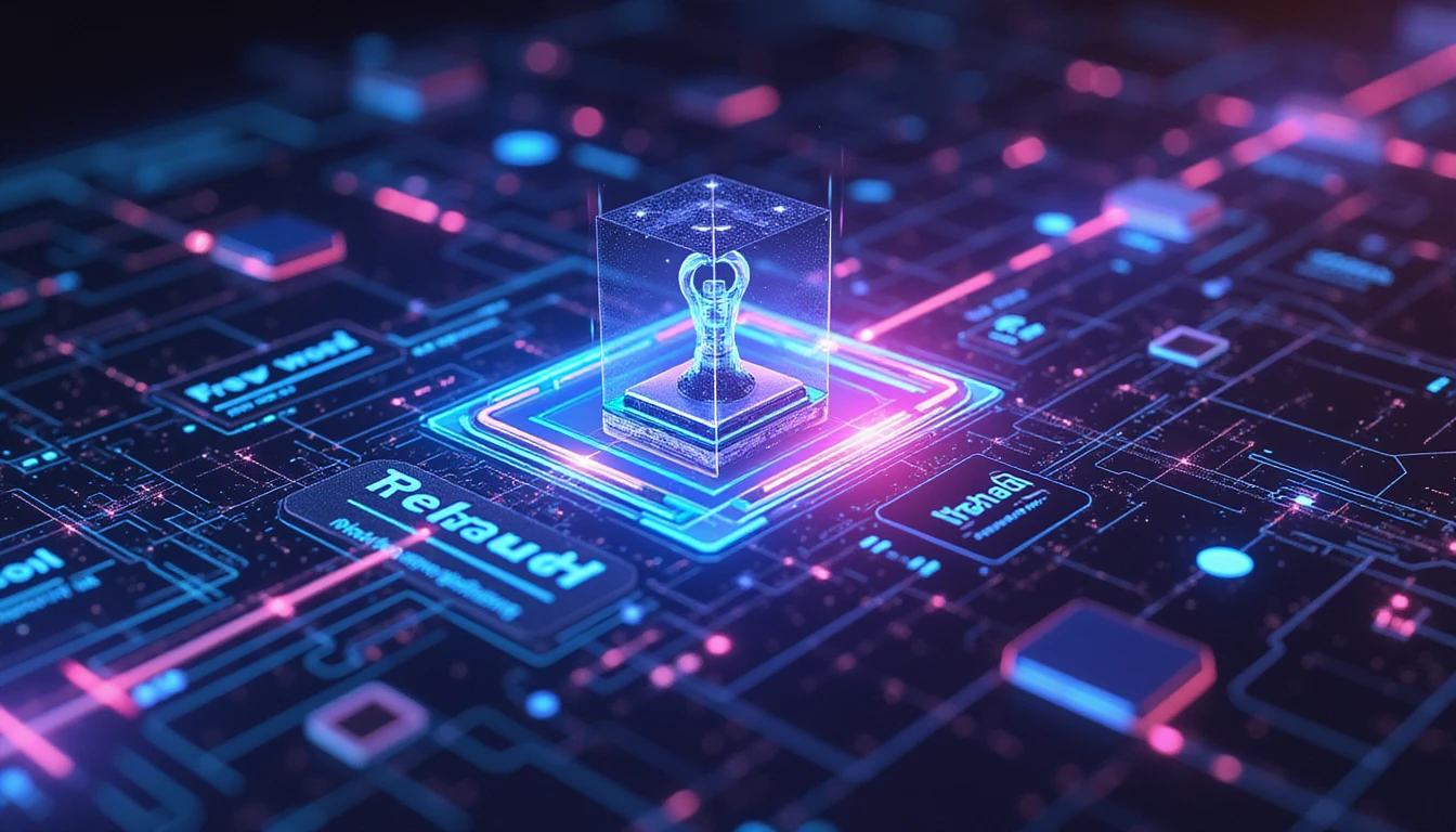 Futuristic neon digital interface with glowing networks, cyber shields, and AI patterns symbolizing innovation and security in insurance.