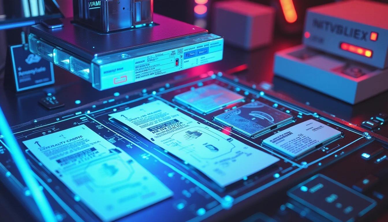 Futuristischer digitaler Scanner analysiert Dokumente mit neoncyanfarbenen und magentafarbenen Linien und symbolisiert so eine fortschrittliche Betrugserkennung im Versicherungswesen.