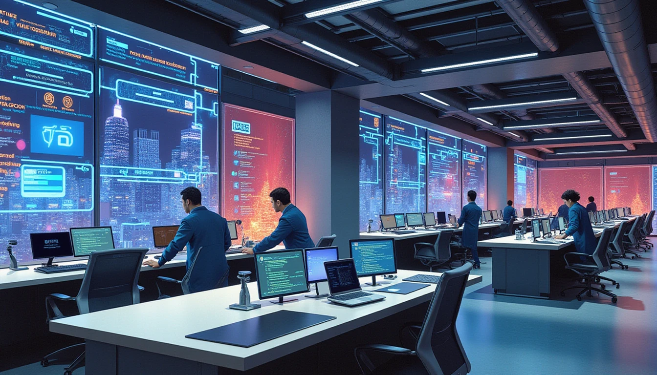 Futuristic insurance office with advanced tech, glowing holograms, neon data streams, AI systems, and a cityscape emphasizing innovation.