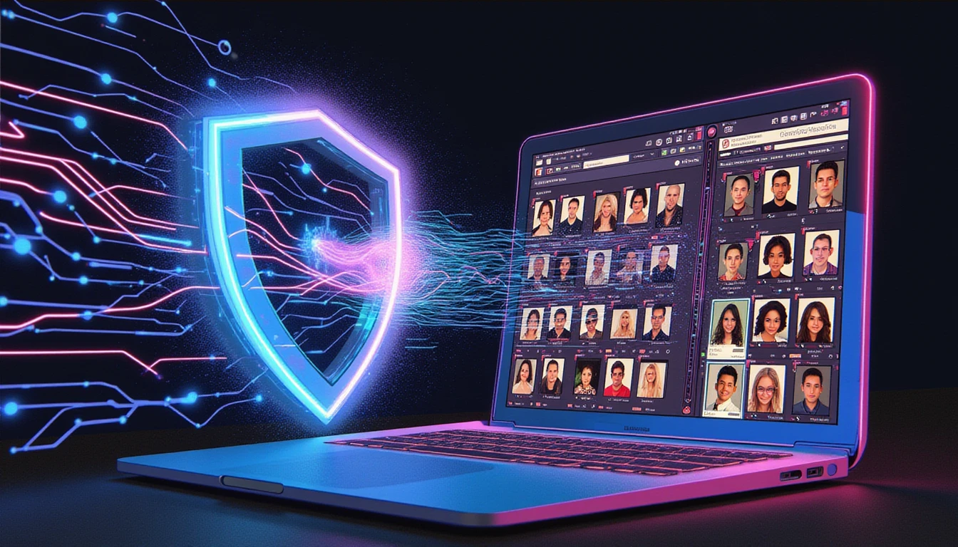 Abstract representation of AI combating online fraud with neural networks, glowing shield, biometric patterns, and split profiles in neon tones.