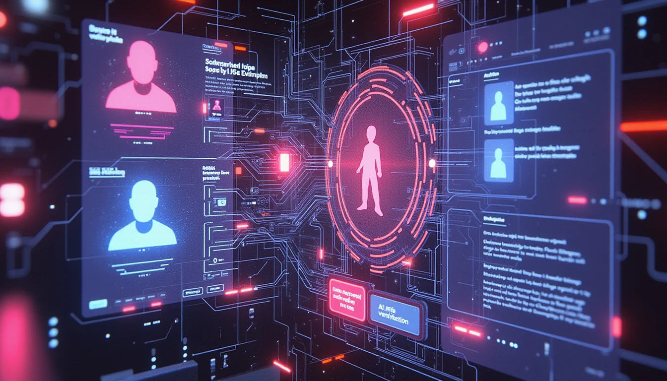 Futuristic AI-powered fraud detection in online dating, with neon-lit scanning, biometric verification, and data analysis ensuring security.