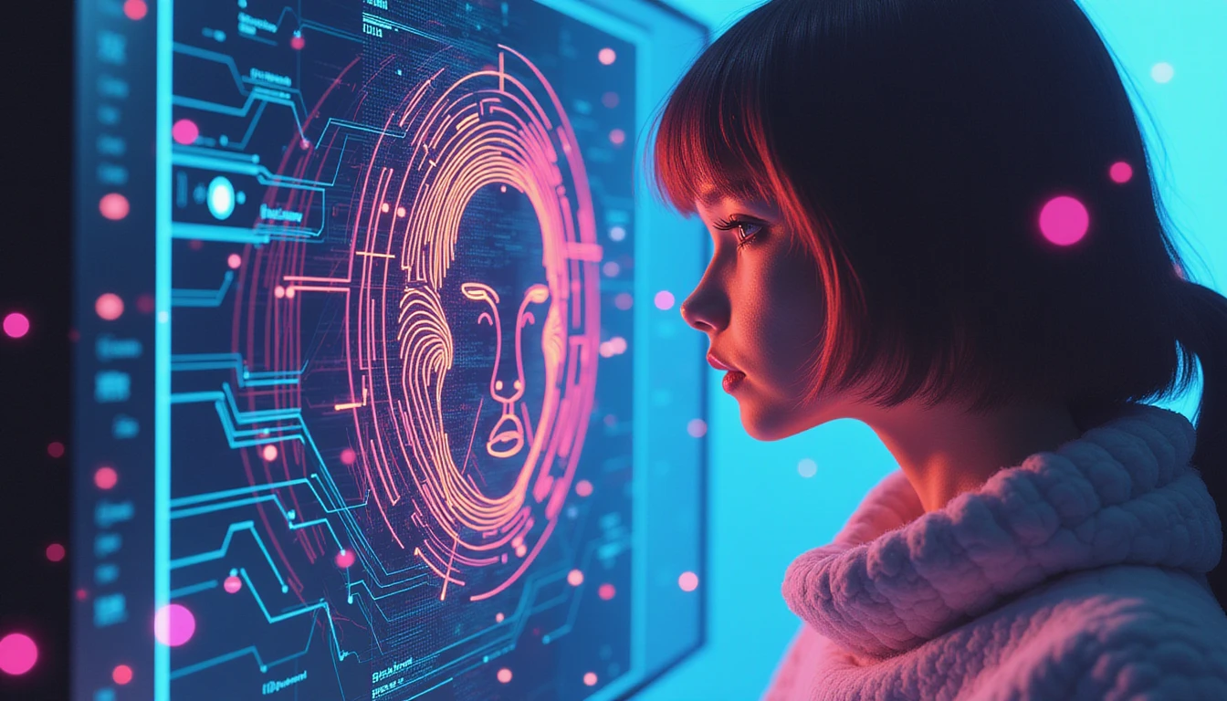 AI-driven online dating security with neon interface scanning a face, biometric patterns, data streams, and shield symbolizing fraud prevention.