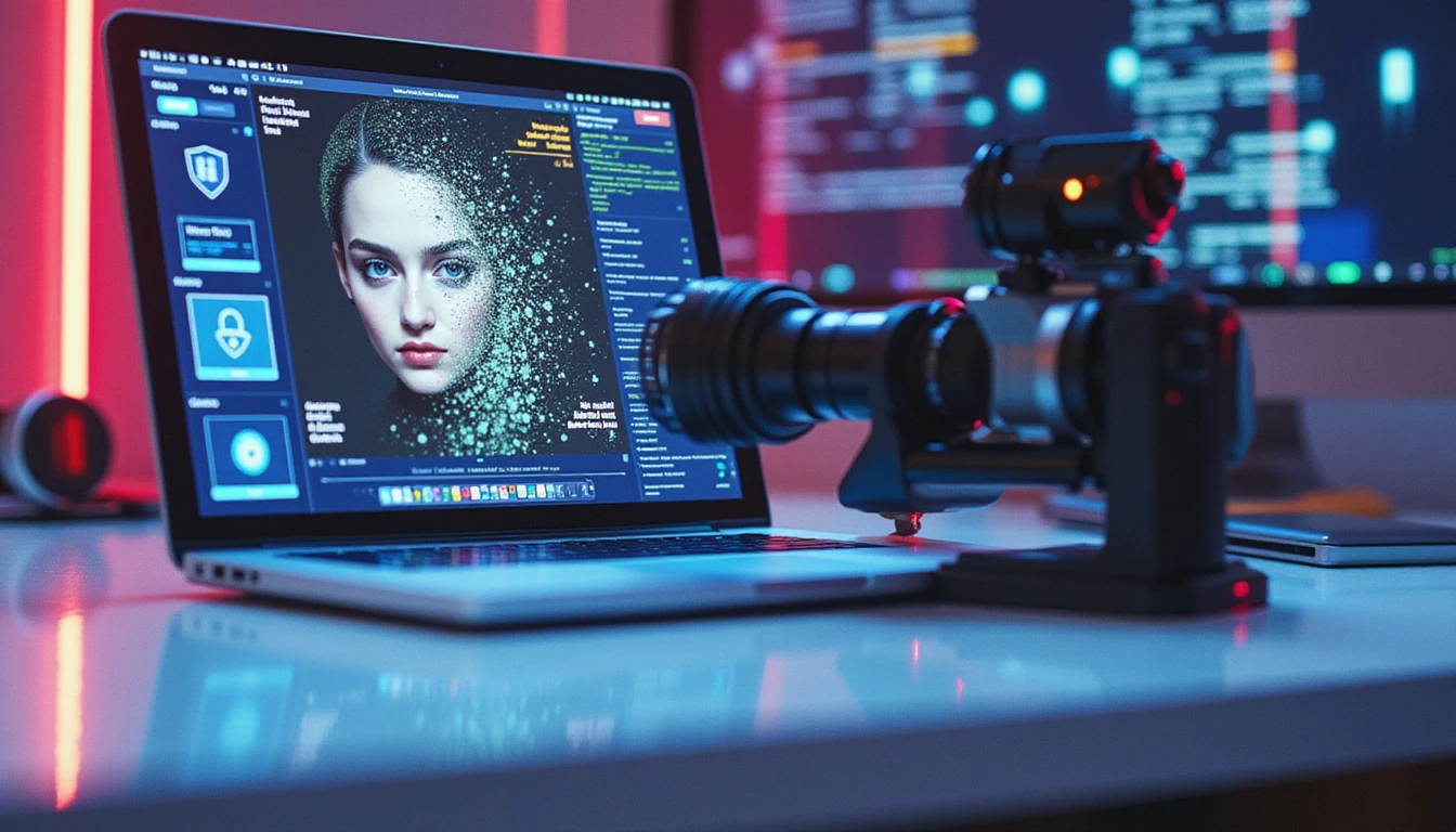 Futuristic high-tech workspace with digital fraud detection interfaces, AI connections, security icons, and vibrant neon accents.