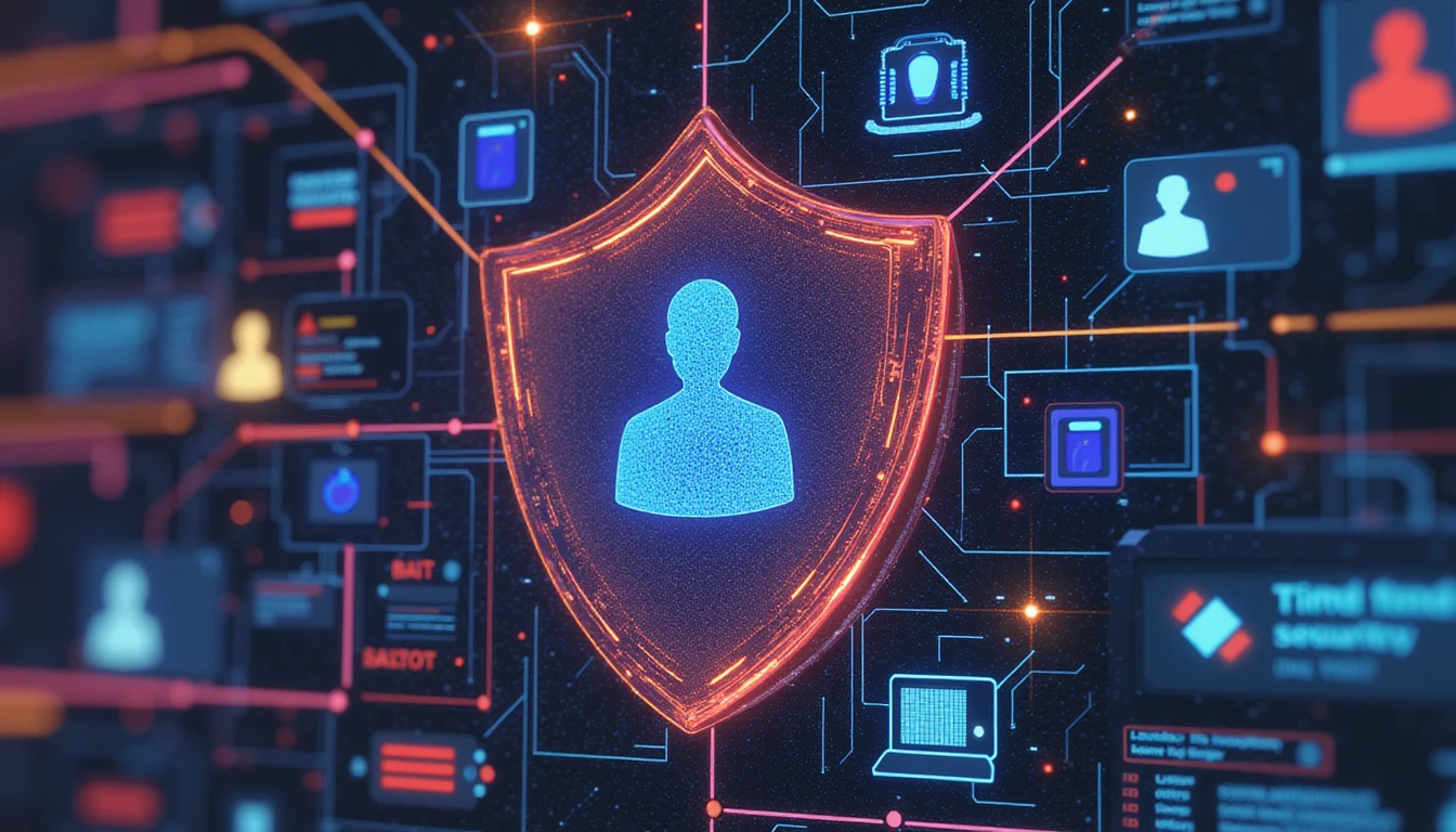 KI-unterstützter digitaler Schutzschild mit Neonakzenten schützt Online-Dating-Nutzer, scannt nach Betrug mit biometrischen Daten, Warnsymbolen und Datenströmen.