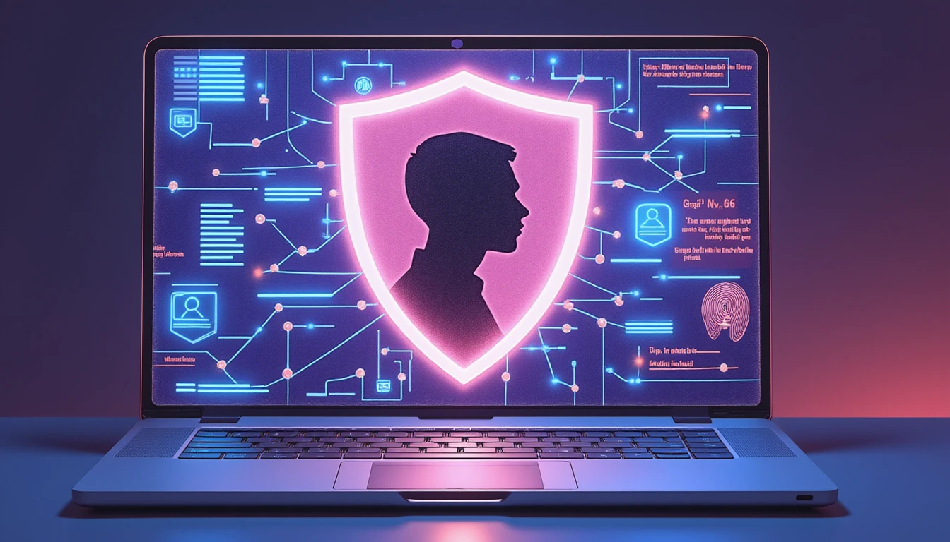 Futuristic AI-powered shield with neon-lit security nodes scanning user profiles, symbolizing fraud prevention in online dating platforms.