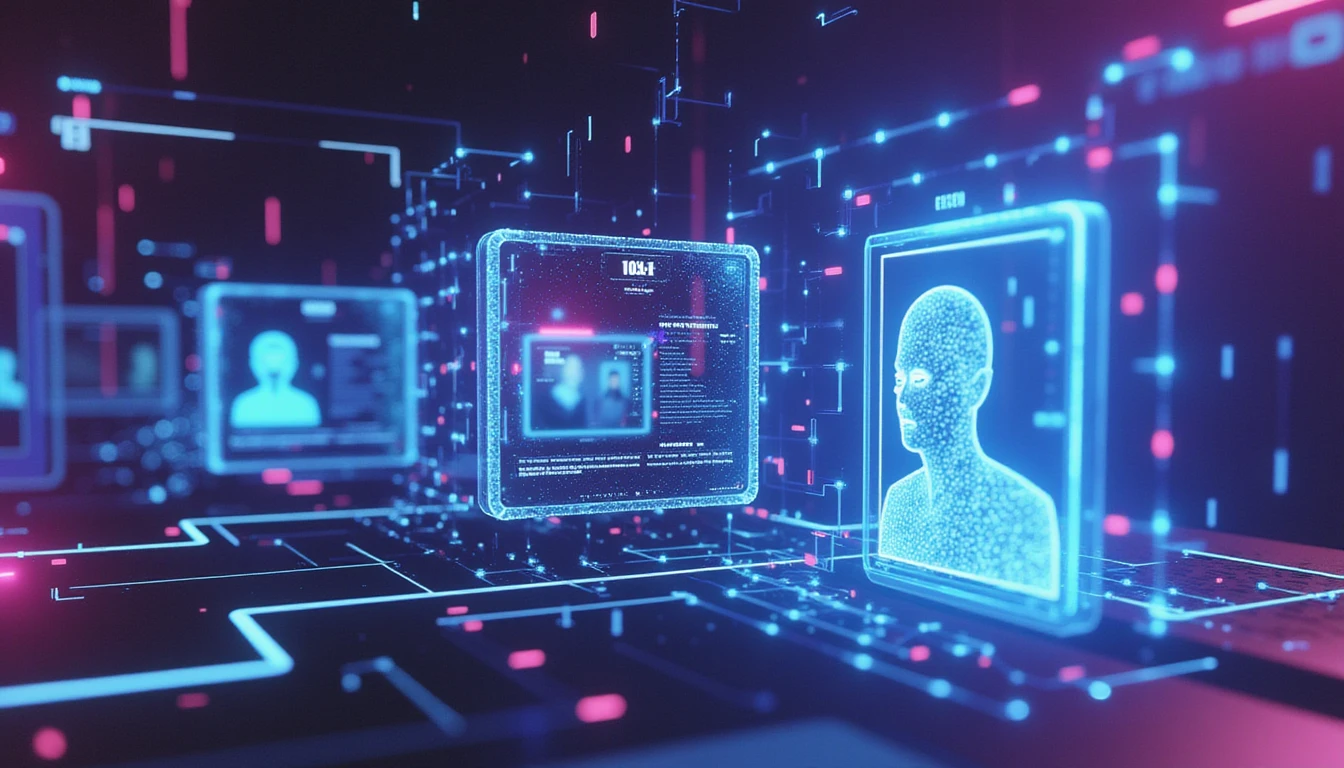 Futuristischer digitaler Schild, der Online-Dating-Profile mit holografischer Verifizierung, neonblauen und violetten Tönen und KI-gesteuerter Betrugserkennung scannt.