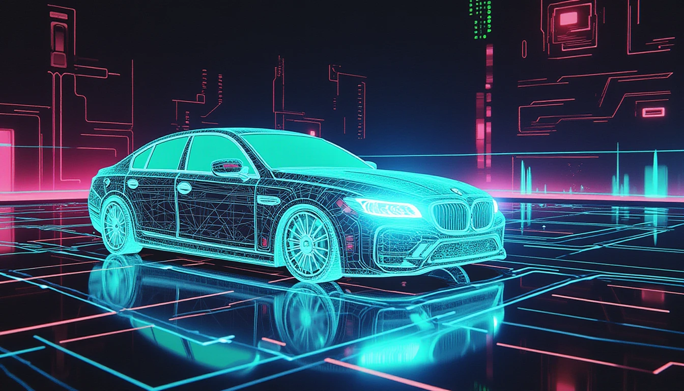 Futuristic digital scanner analyzing a neon-lit holographic car with glowing data streams, AI grid patterns, and geometric tech visuals.