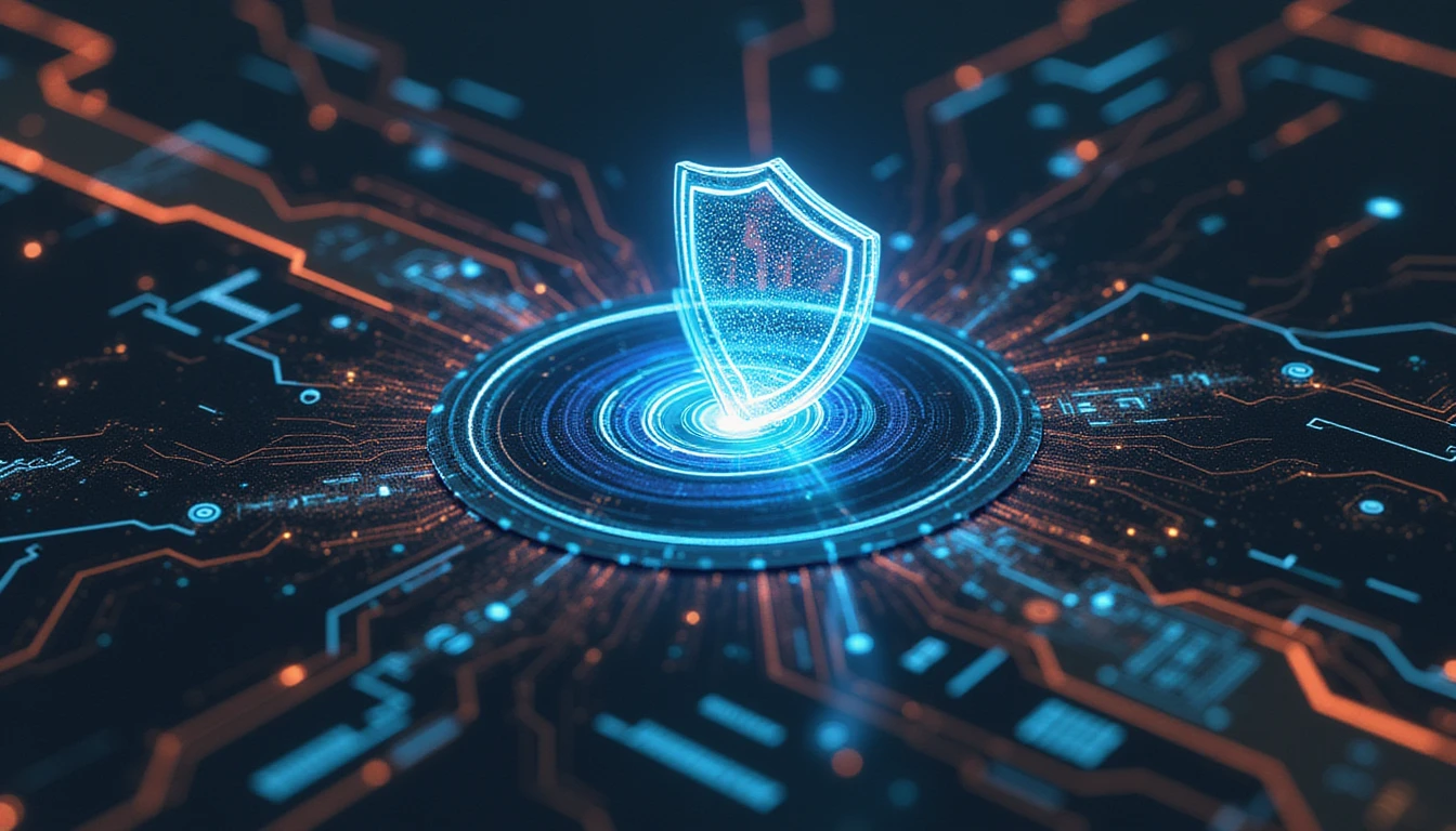 Abstrakte futuristische Darstellung der digitalen Transformation im Versicherungswesen mit KI, Sicherheit, Betrugsprävention und vernetzten Netzwerken.