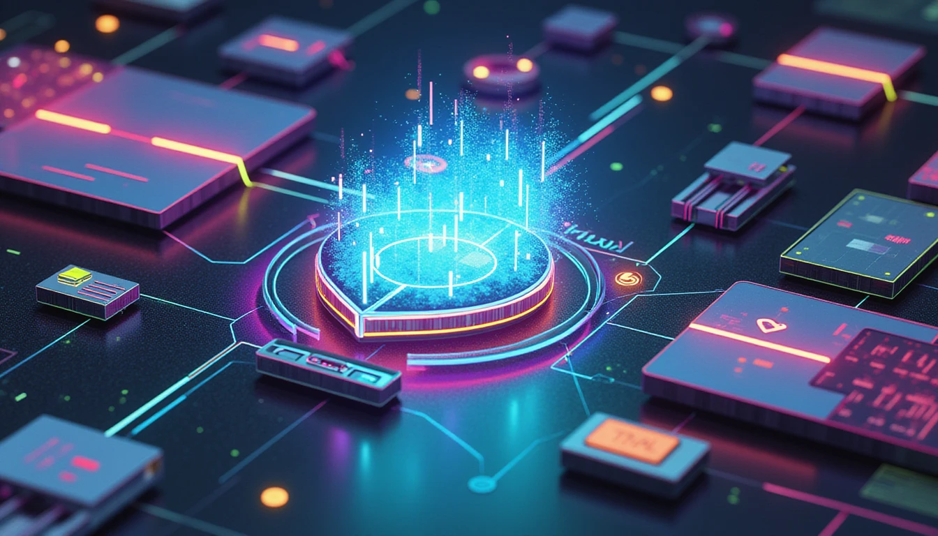 Futuristisches Schild, das neonblau, grün und violett leuchtet und KI-gestützte Innovation, Sicherheit und Betrugserkennung im Versicherungsbereich symbolisiert.