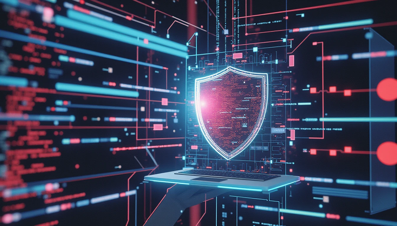 Futuristic digital shield with neon glow protecting online dating data, with AI-powered nodes detecting and blocking cyber threats.