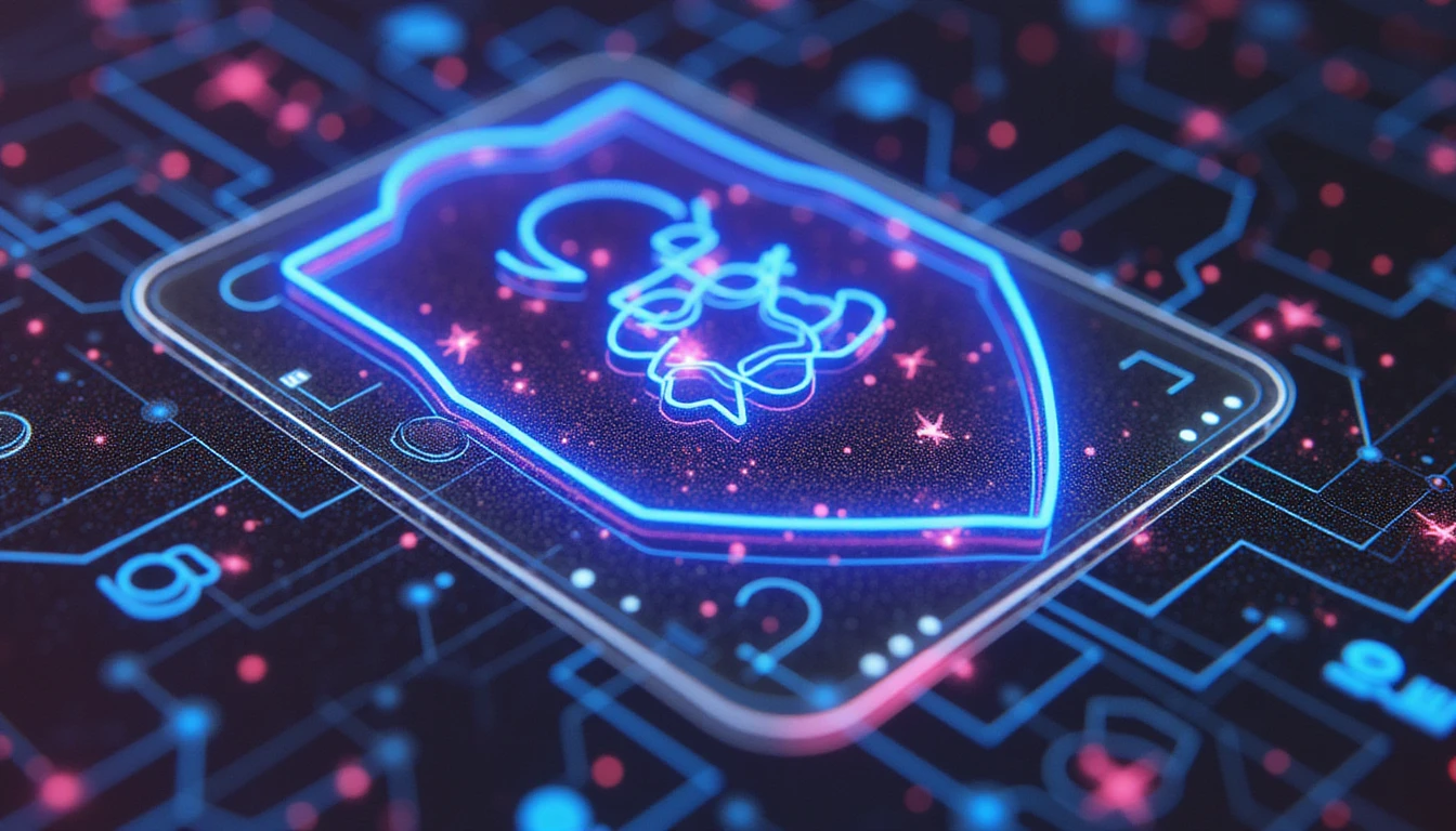 Futuristic digital shield with neon nodes, AI scanning holographic interface, neural networks, and vibrant blue-purple cyberspace background.