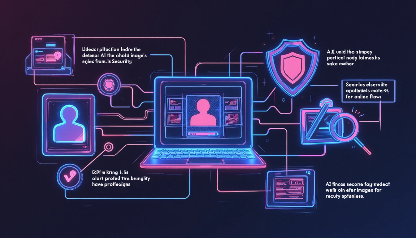 Abstract diagram of AI-driven fraud prevention in online dating, featuring a shield, magnifying glass, and neon-glow security elements.
