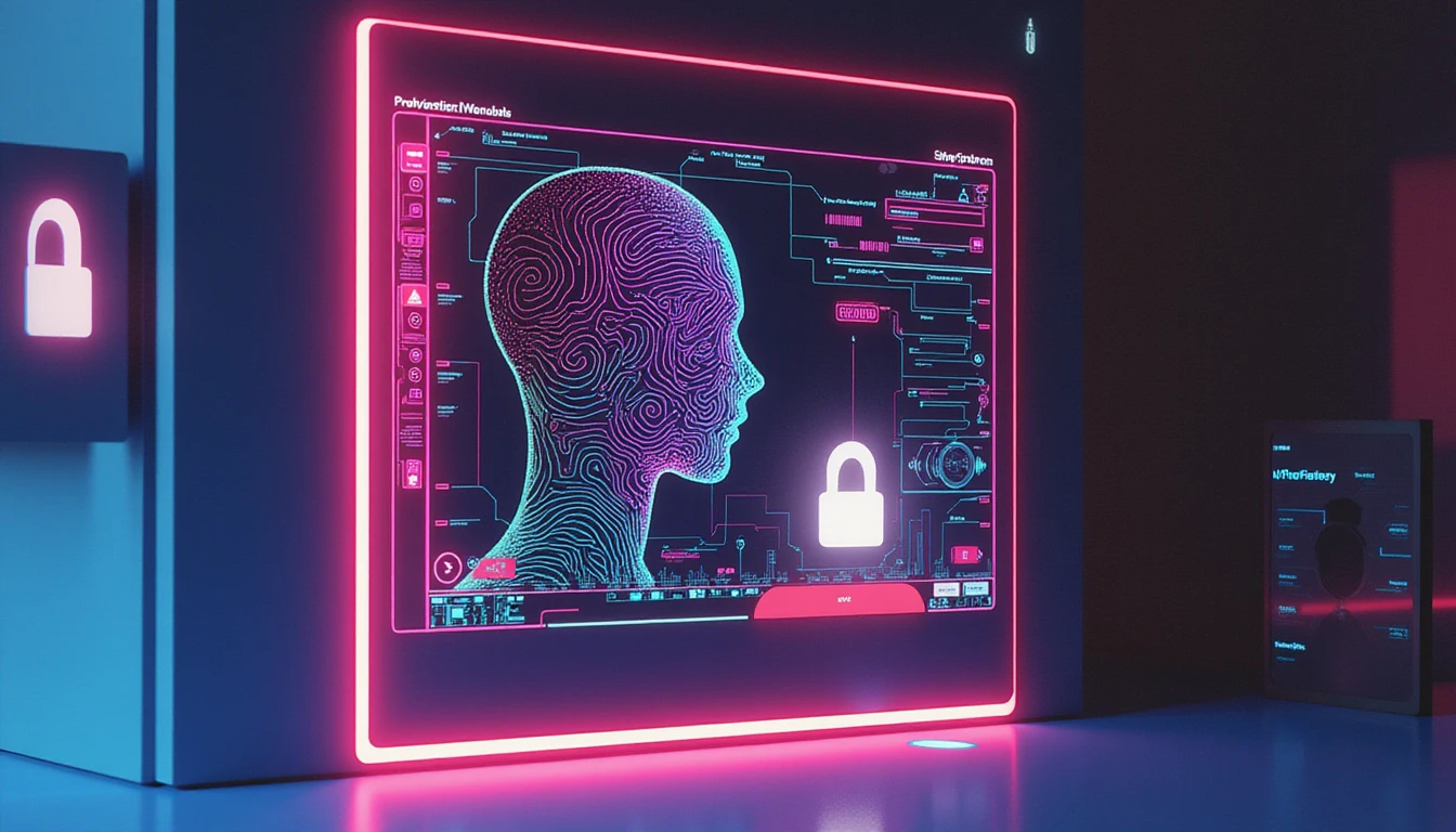 Futuristic AI-driven dating profile verification with facial recognition, fingerprint scanning, and neon-lit biometric security elements.