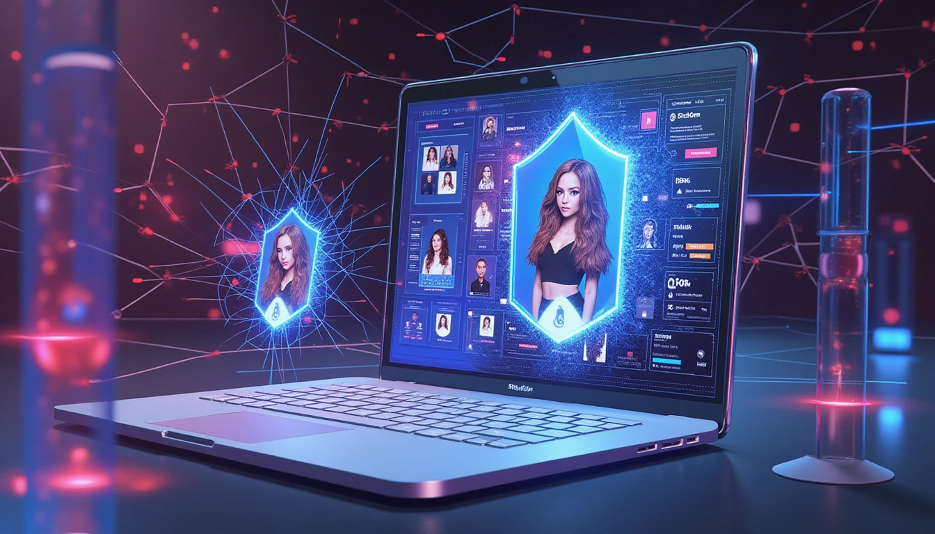 Futuristische Neon-Glanz-Schnittstelle, die Cybersicherheit in Dating-Apps visualisiert, mit KI-gesteuerten Scannern, die gefälschte Profile und Betrugsrisiken erkennen.
