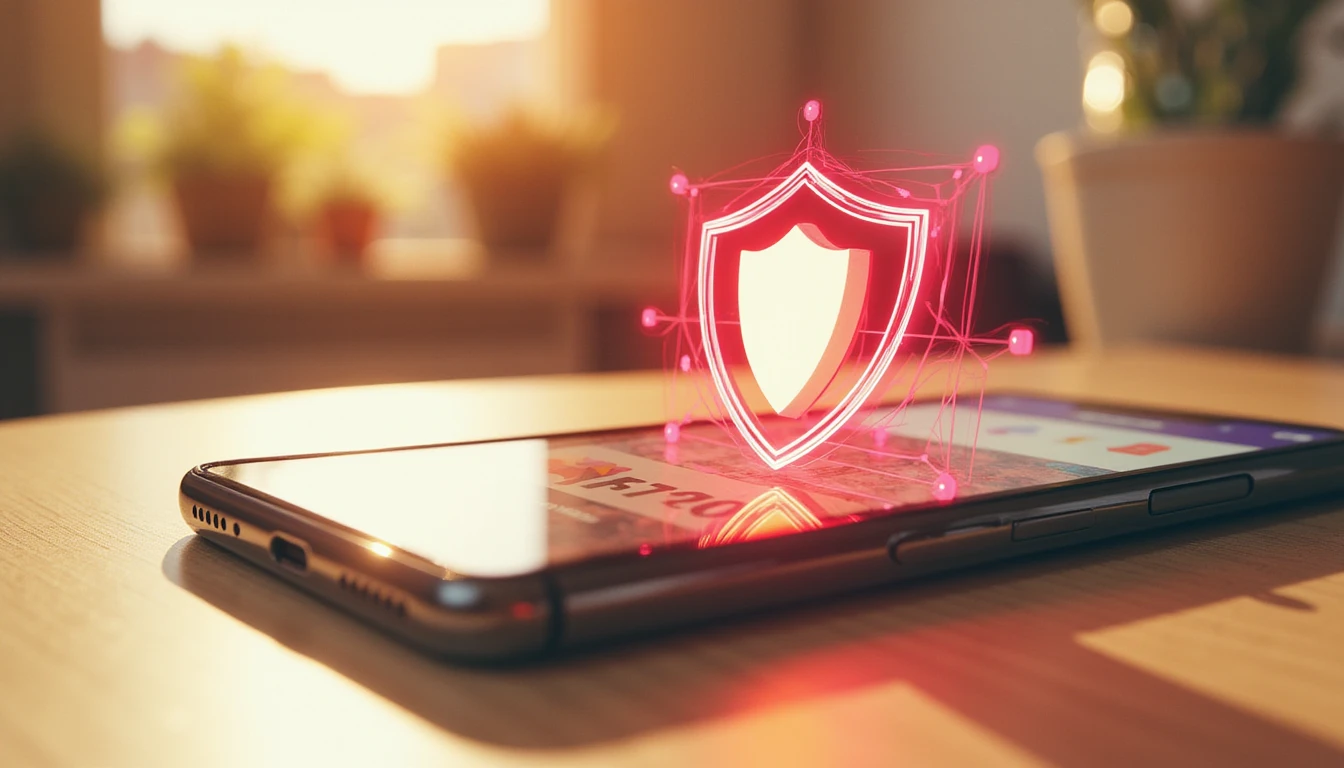 Modern smartphone displaying a dating app with an AI security shield icon, symbolizing protection, illuminated by warm golden sunlight.