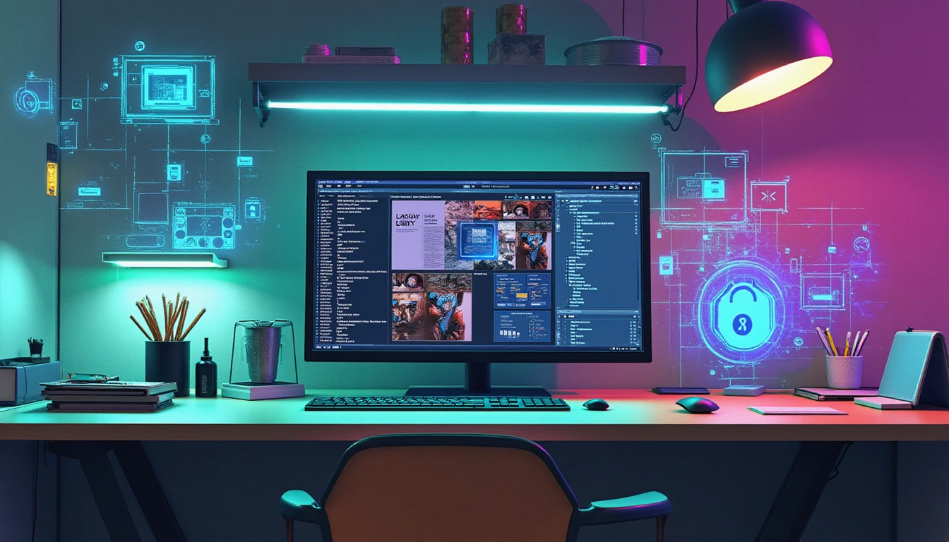 Modernes Versicherungsbüro mit einer eleganten Workstation, an der Ansprüche mithilfe einer modernen Betrugserkennungssoftware analysiert werden, umgeben von neonfarbenen Sicherheitsbildern.