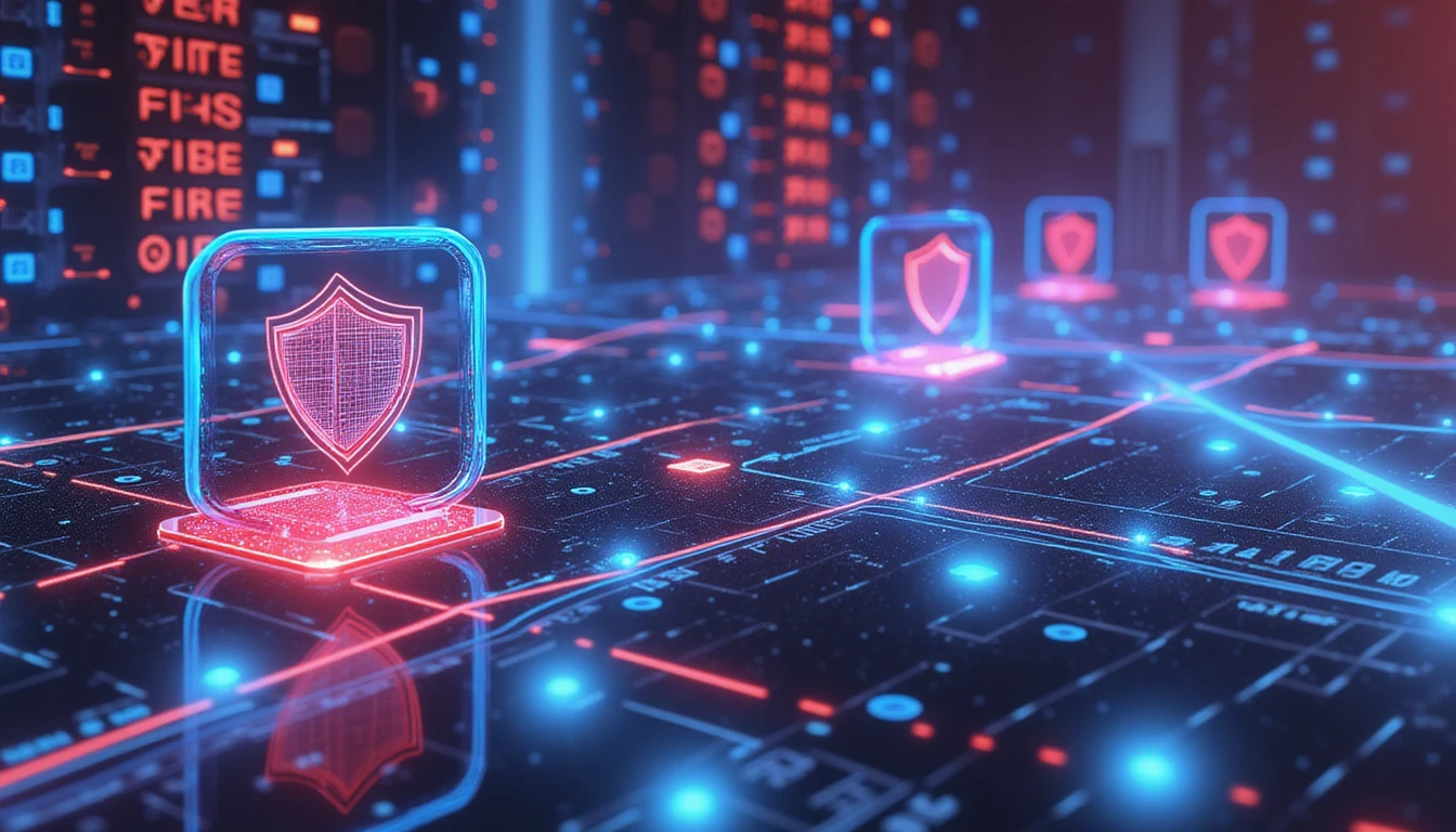 Futuristic neon digital landscape showing AI technology securing online dating with data nodes, security shields, and matchmaking algorithms.