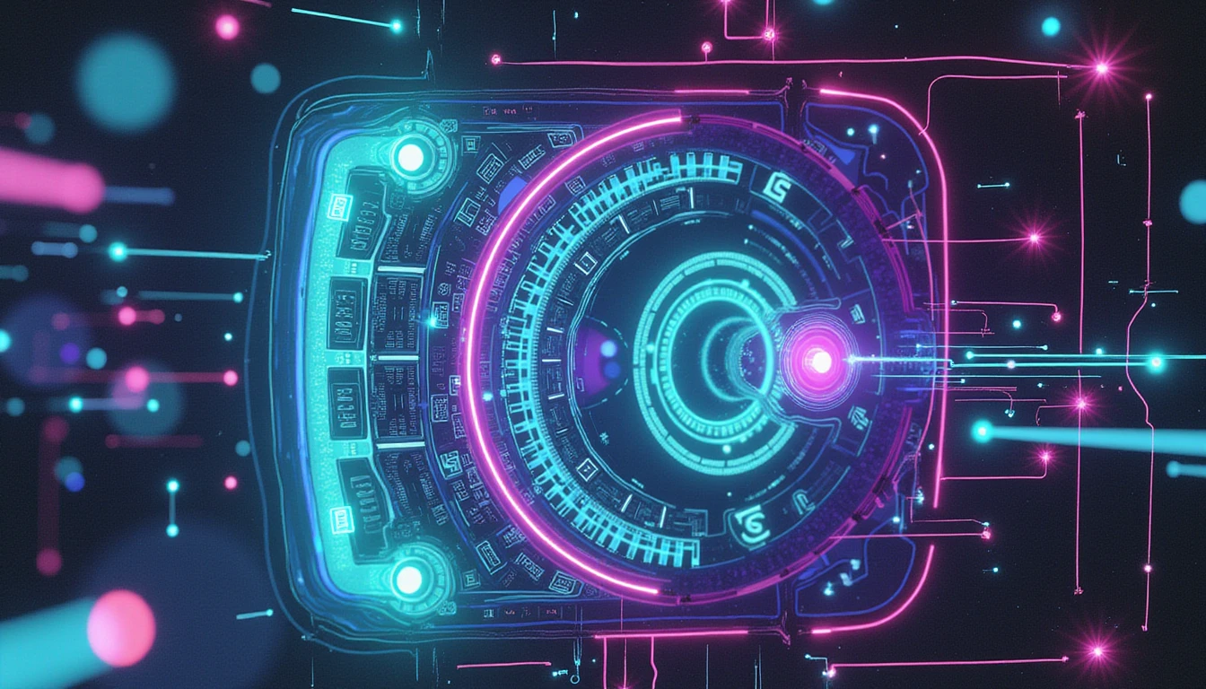 Futuristische KI-Betrugserkennung in der Versicherung, mit einem Neonscanner, der Ansprüche analysiert, umgeben von digitalen Mustern und Datenflüssen.