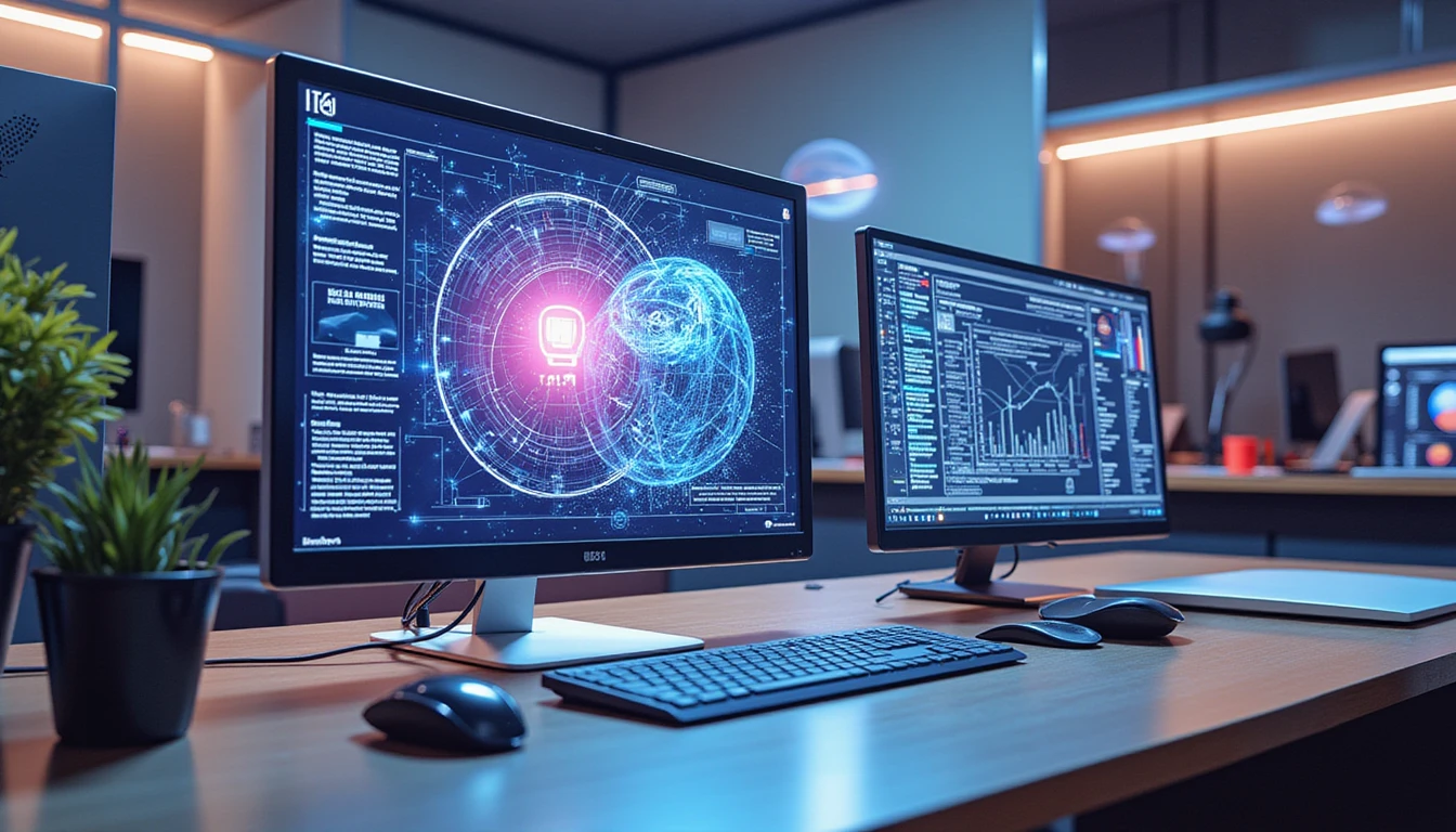 Futuristisches Büro mit holografischen Schnittstellen und Monitoren, die Versicherungsbetrug in Echtzeit analysieren und neonbeleuchtete KI-Datendiagramme zeigen.