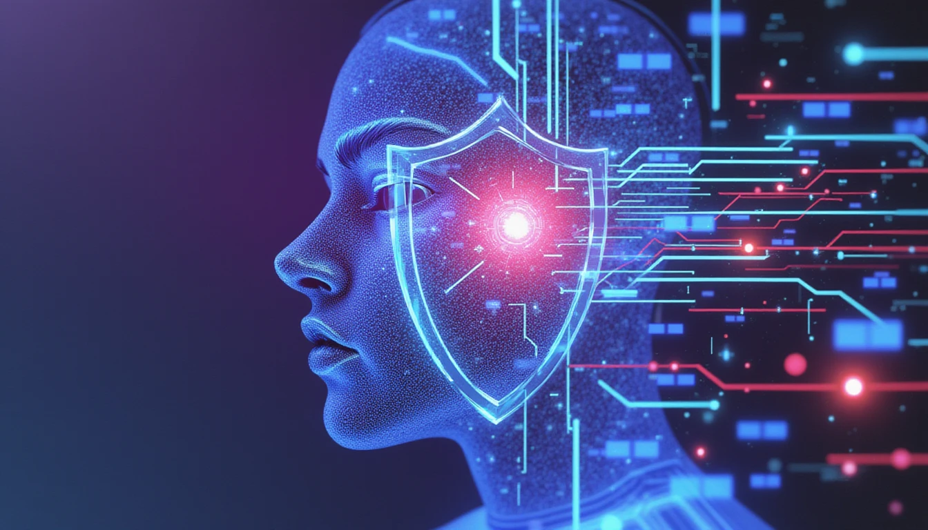 Neon digital shield with holographic AI face, fingerprint scanning, and data streams on a blue-purple gradient, symbolizing online dating security.