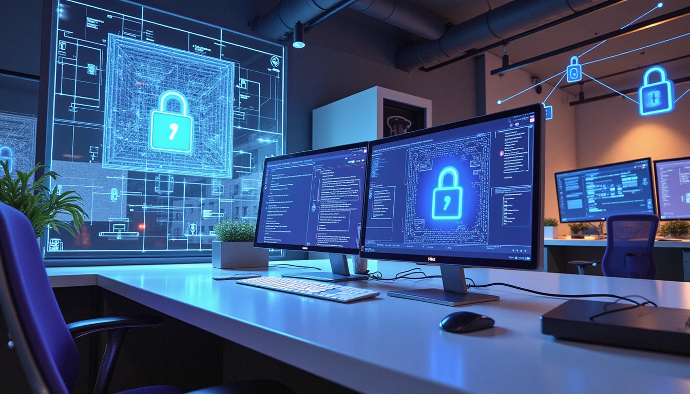 Futuristic insurance office with holographic screens analyzing data, glowing locks, and a web of nodes symbolizing digital security.
