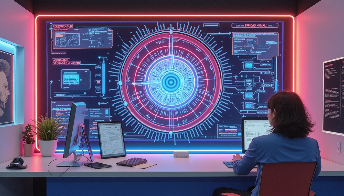 Futuristic insurance office with neon accents, digital interface showcasing AI-driven fraud detection via glowing, interconnected dynamic nodes.