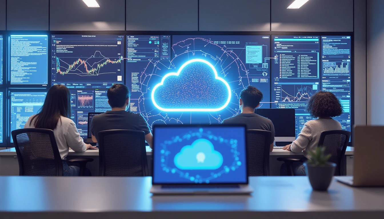Modern insurance office with professionals at computers, glowing cloud icon, neon-glow diagrams, and data security visuals in a high-tech setting.