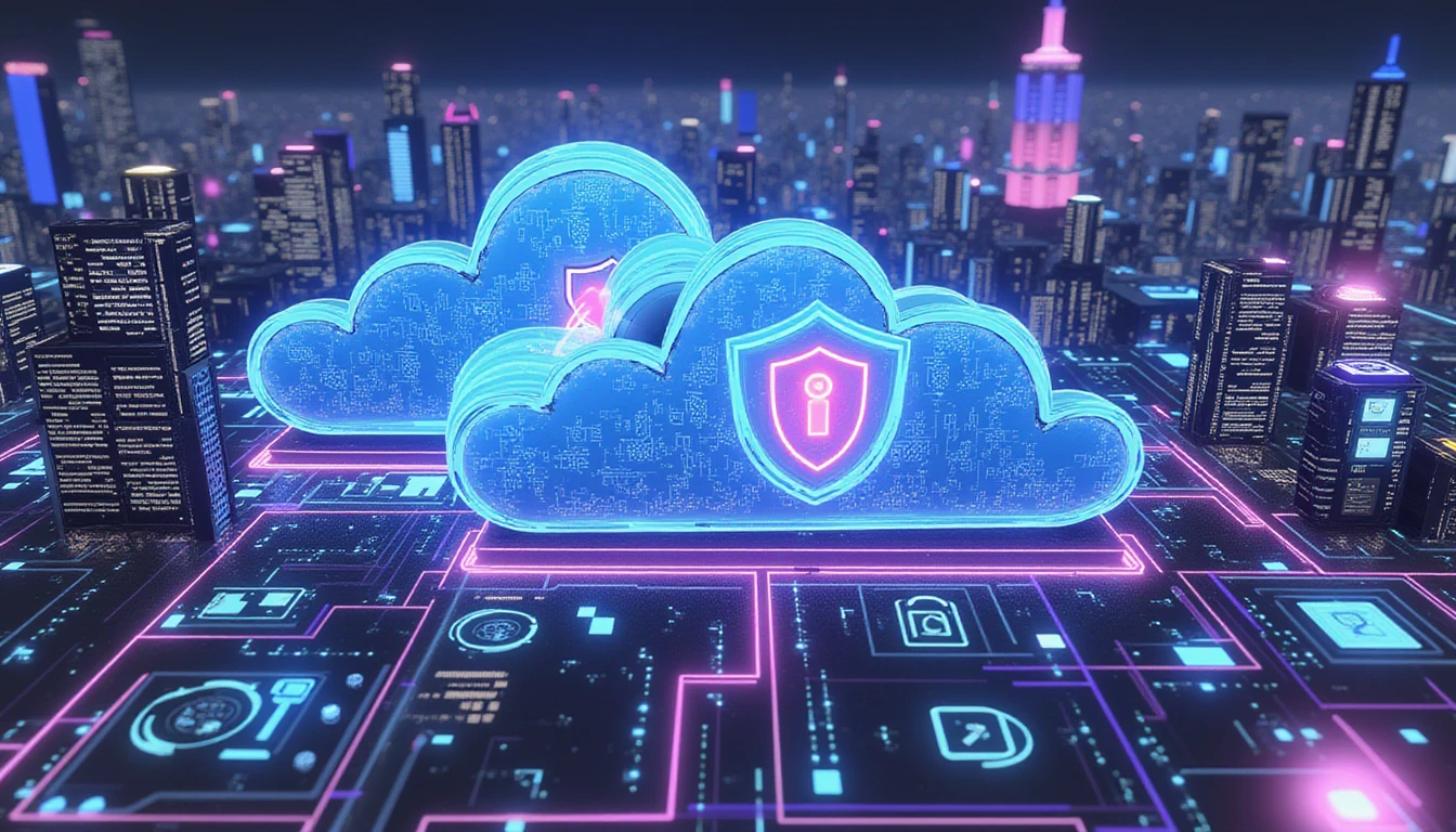 Futuristic cityscape with glowing neon clouds symbolizing cloud computing, shield icons, and pathways representing data security in insurance.