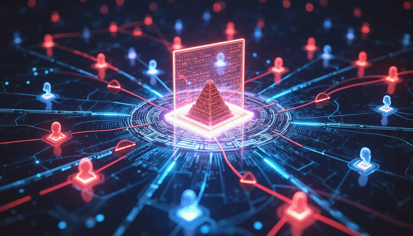 Futuristischer KI-Kern mit holografischen Elementen zur Validierung menschlicher Profile, umgeben von leuchtenden Knoten, die Datensicherheit und Betrugserkennung symbolisieren.