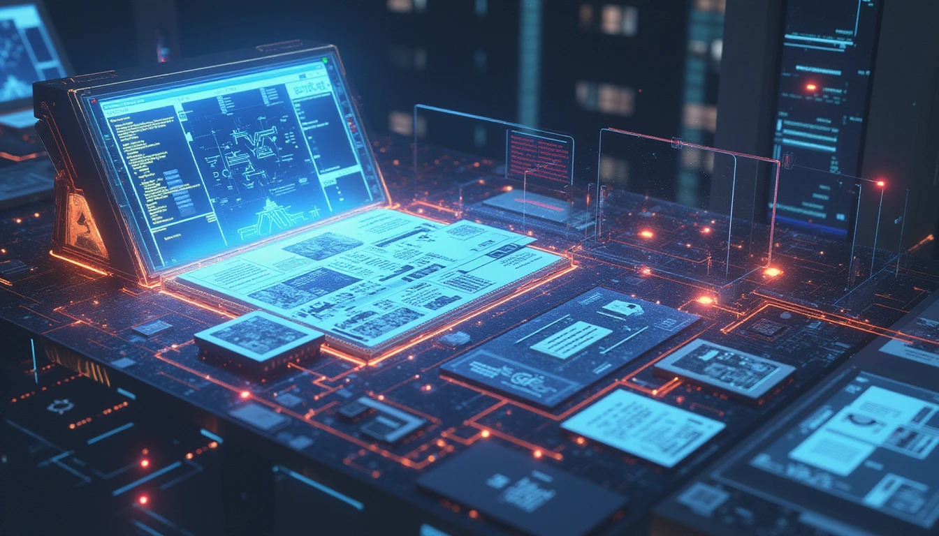Futuristic cyber scene of neon-lit fraud detection in insurance, with a scanner analyzing data amidst European-inspired geometric designs.