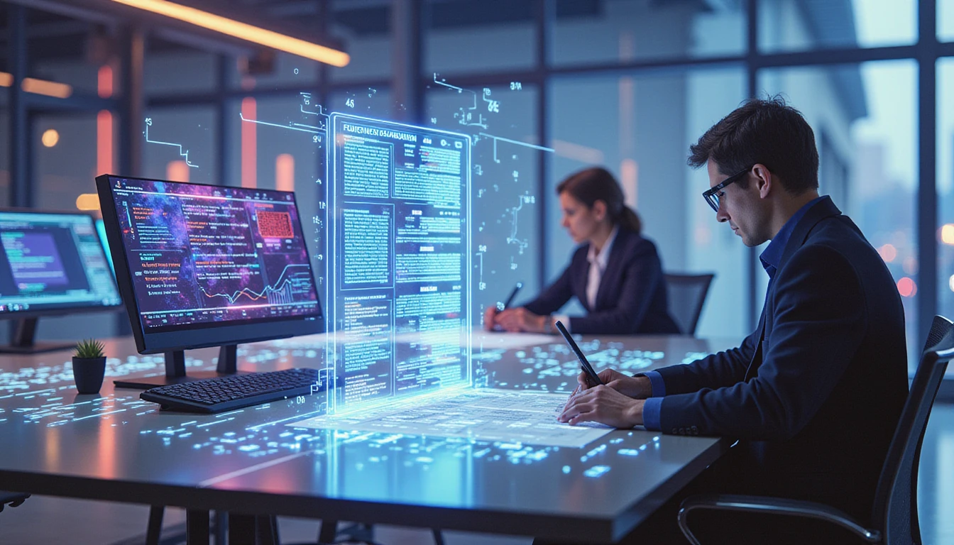 Futuristic office scene with insurance managers using holographic displays and AI-powered tools to analyze claims and detect fraud.