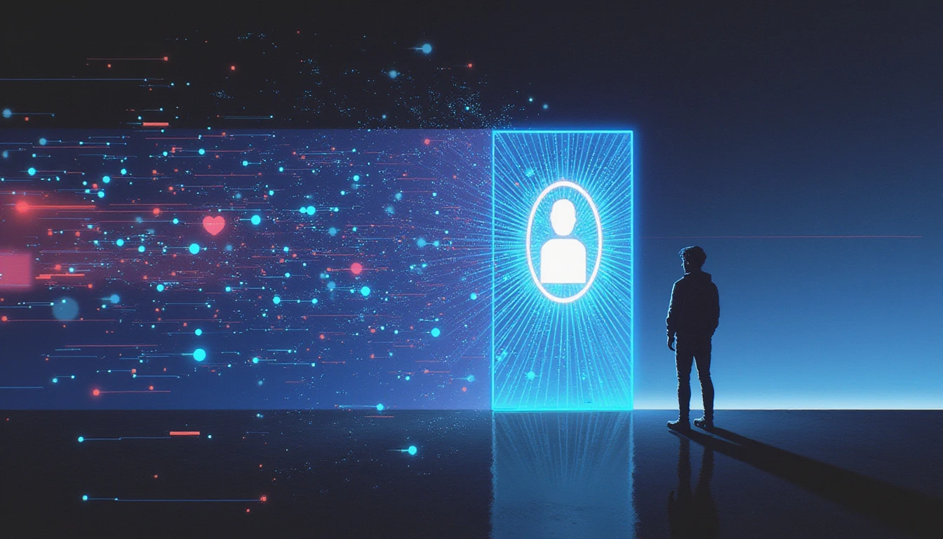 Leuchtender digitaler Schild fängt gefälschte Profile in KI-gesteuerter Betrugserkennung ab, mit Neon-Knoten, die Datenanalyse und Benutzerschutz symbolisieren.