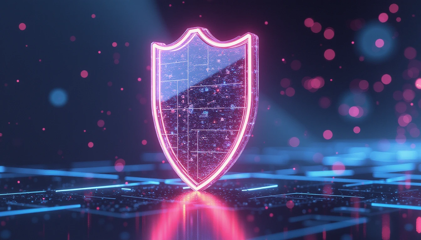 Futuristisches digitales Schutzschild mit Neonglüh-Mustern inmitten von Datenströmen, das Bildschutz und KI-Erkennung in einer Technologieumgebung symbolisiert.