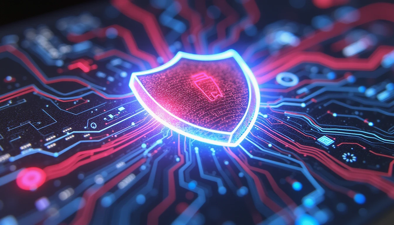 Digital shield fused with neon circuits, overlaying AI-driven fraud detection on documents, symbolizing advanced cybersecurity in insurance.