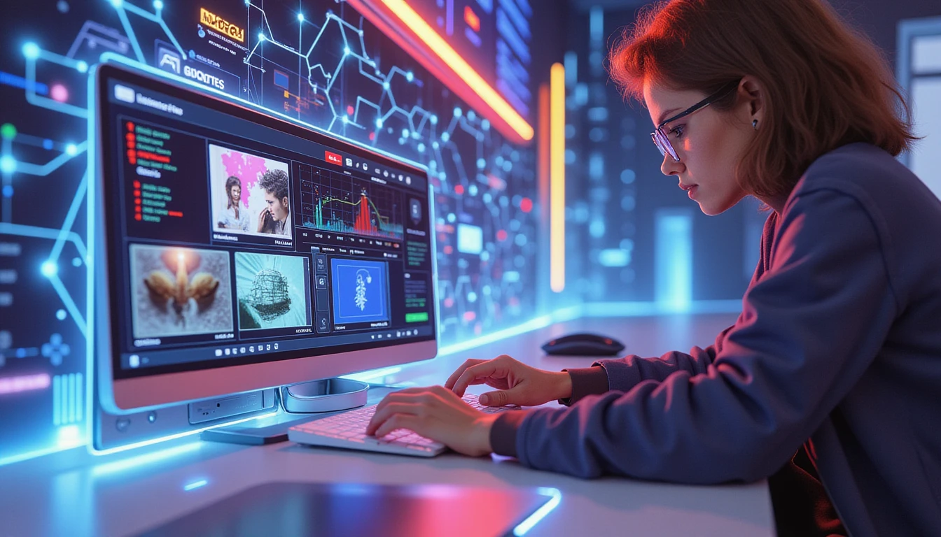 Futuristic insurance workspace with an AI-powered interface analyzing data, surrounded by holographic visuals of security and efficiency.