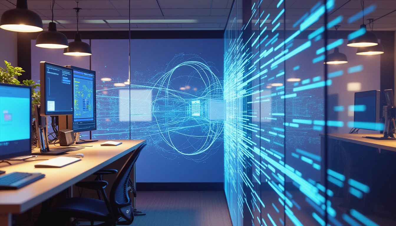 Futuristisches, neonbeleuchtetes Büro, das Versicherung und Technologie vereint, mit holografischen Schnittstellen, KI, die Daten analysiert und Betrug in einer digitalen Matrix erkennt.