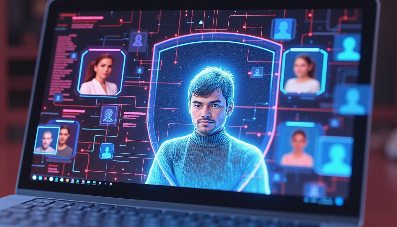 Ein neonbeleuchteter digitaler Schutzschild schützt Benutzerprofile beim Online-Dating, wobei künstliche Intelligenz betrügerische oder verzerrte Profile erkennt und auflöst.