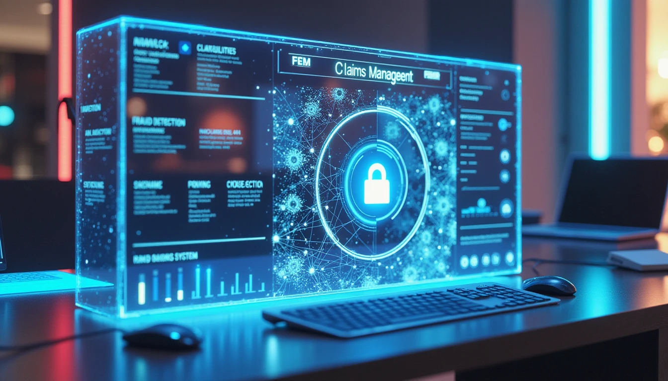Futuristische digitale Schadensarbeitsstation mit Neon-Schnittstellen, Hologrammen, Betrugserkennungsdiagramm und sicheren Datensystemen in einem High-Tech-Büro.