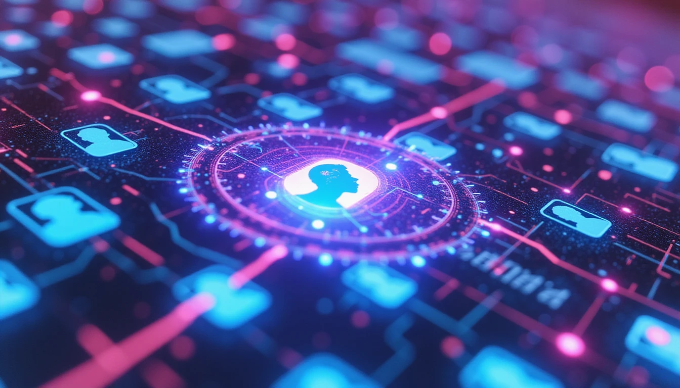 Futuristic AI analyzing a cyber network with glowing neon blue and purple security lines, abstract human icons, and digital data visuals.