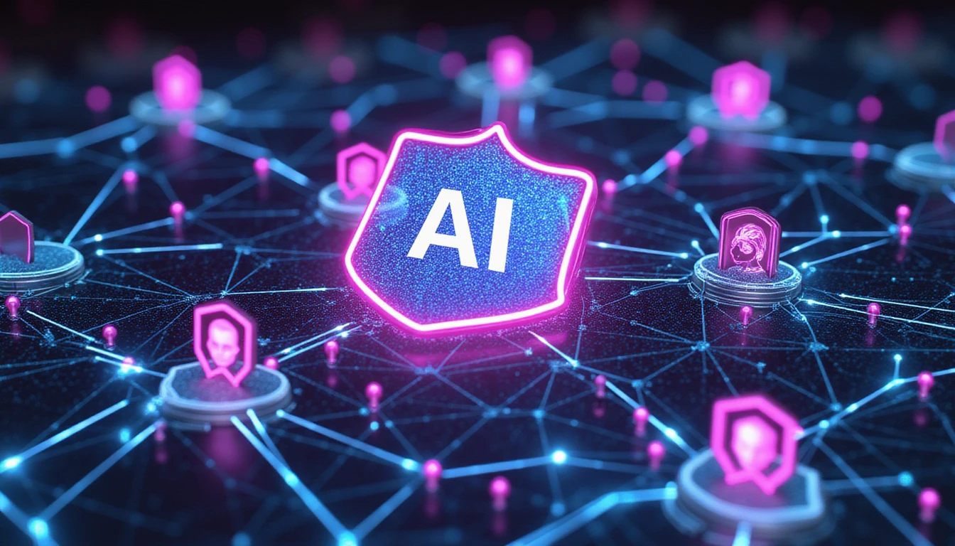 Futuristic digital security visualization with a glowing neon shield, AI-driven facial recognition, and data lines emphasizing trust in online dating.