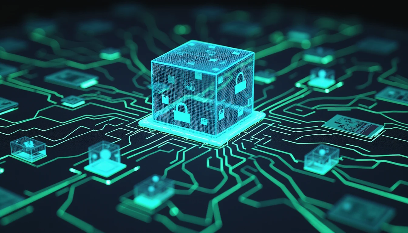 Abstraktes Neon-Design zeigt ein KI-System, das fragmentierte Datenströme analysiert, symbolisiert Betrugserkennung, Sicherheit und Compliance-Innovation.