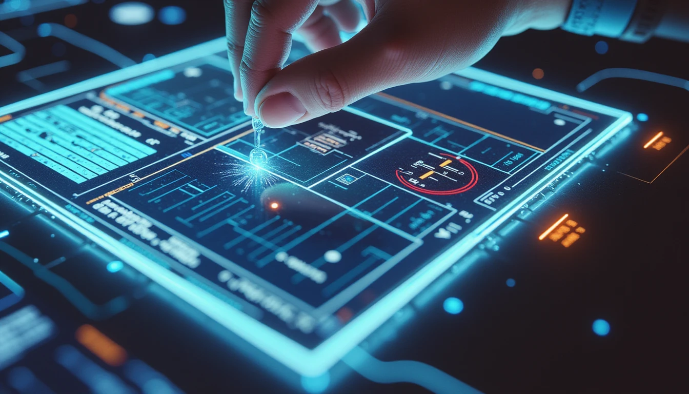 Futuristic digital interface with neon highlights analyzing an insurance claim for fraud, featuring AI scanner, holograms, and abstract data.