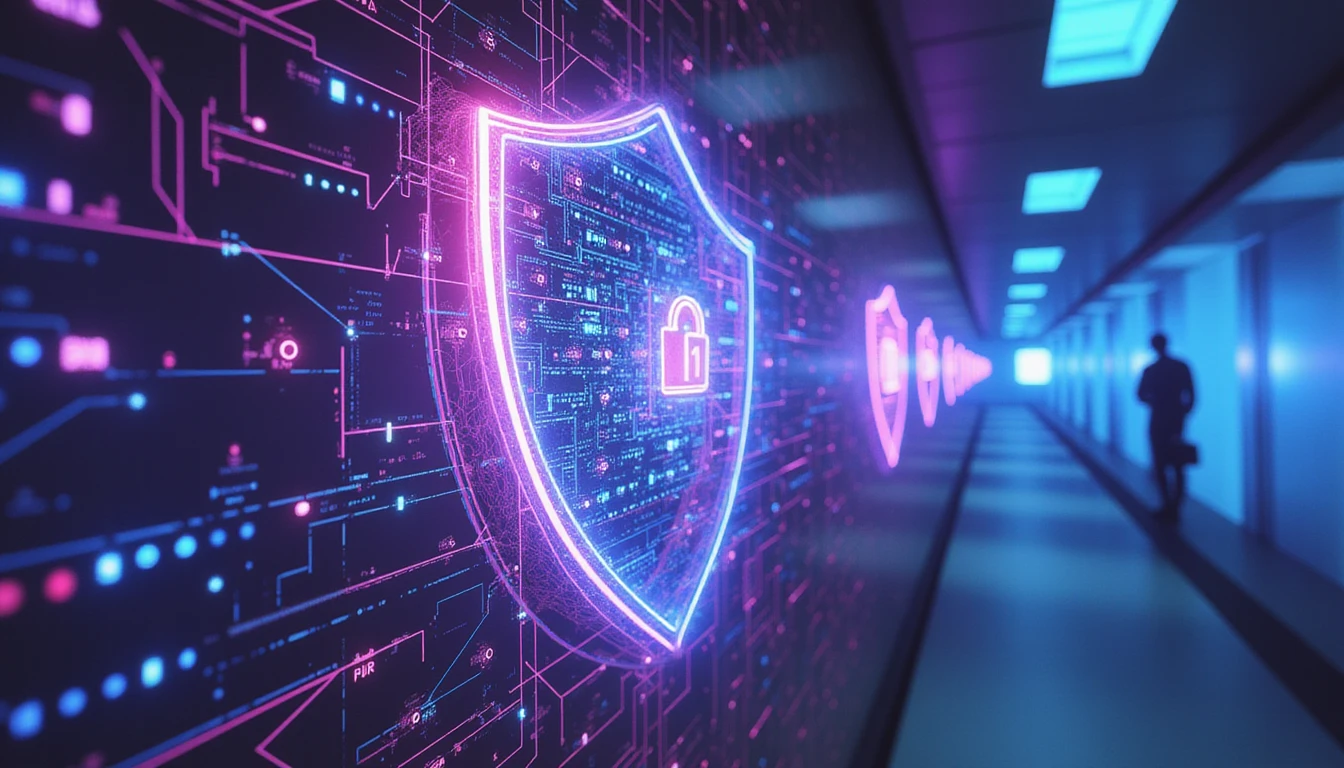 Futuristic AI-driven fraud detection in online dating, featuring a neon security shield with neural nodes and fading fake profiles in a cyber-tech aesthetic.