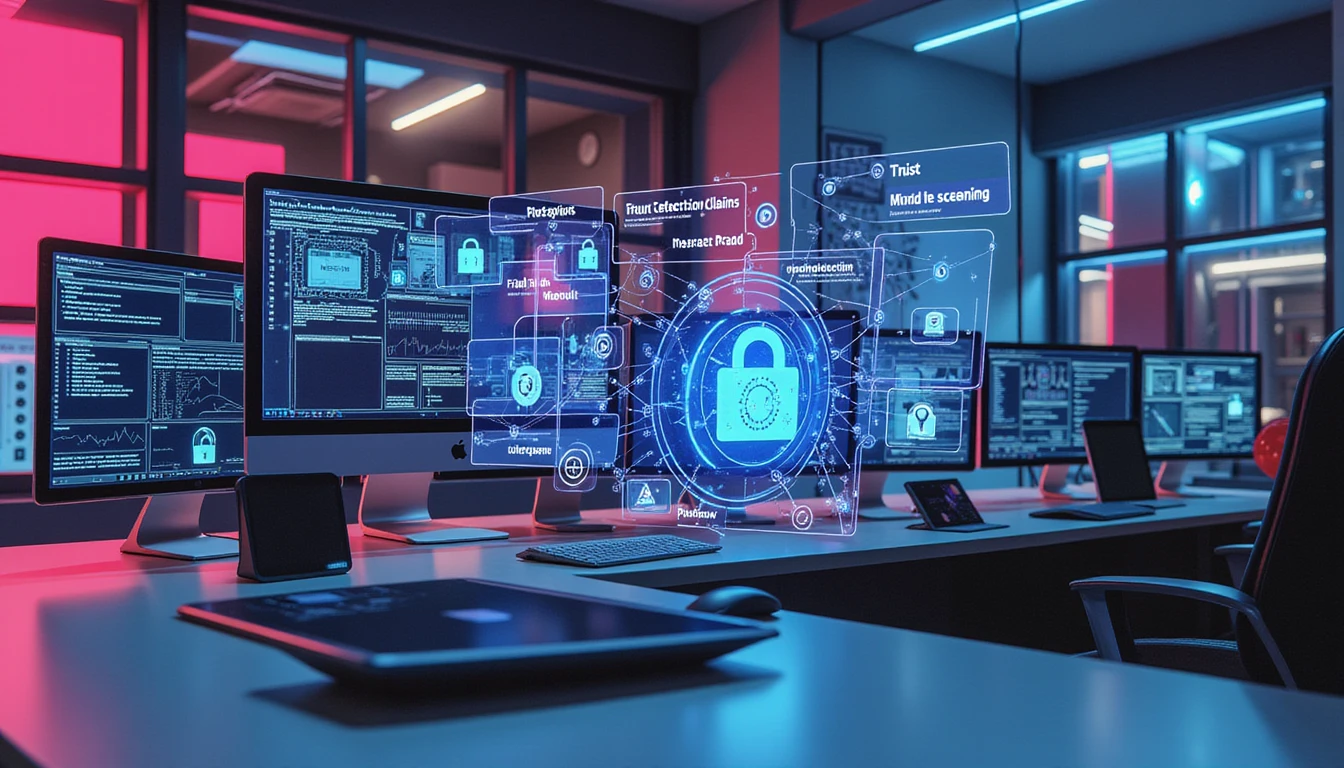 Ein futuristisches High-Tech-Versicherungsbüro mit neonbeleuchteten holografischen Systemen für Datenschutz, KI-gesteuerte Betrugserkennung und Cybersicherheit.