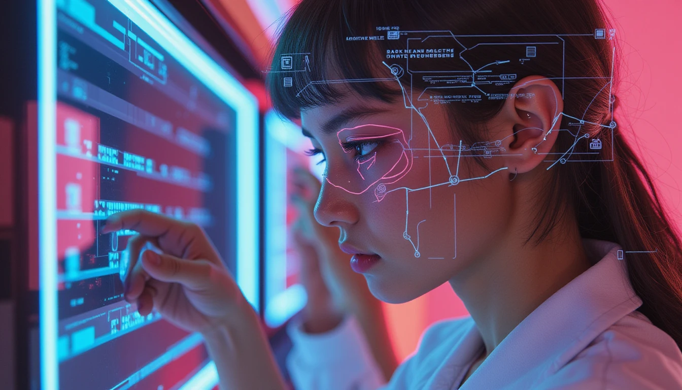 Futuristic online dating interface with AI-driven security, showing a profile picture alongside a neon-glowing fraud detection analysis.